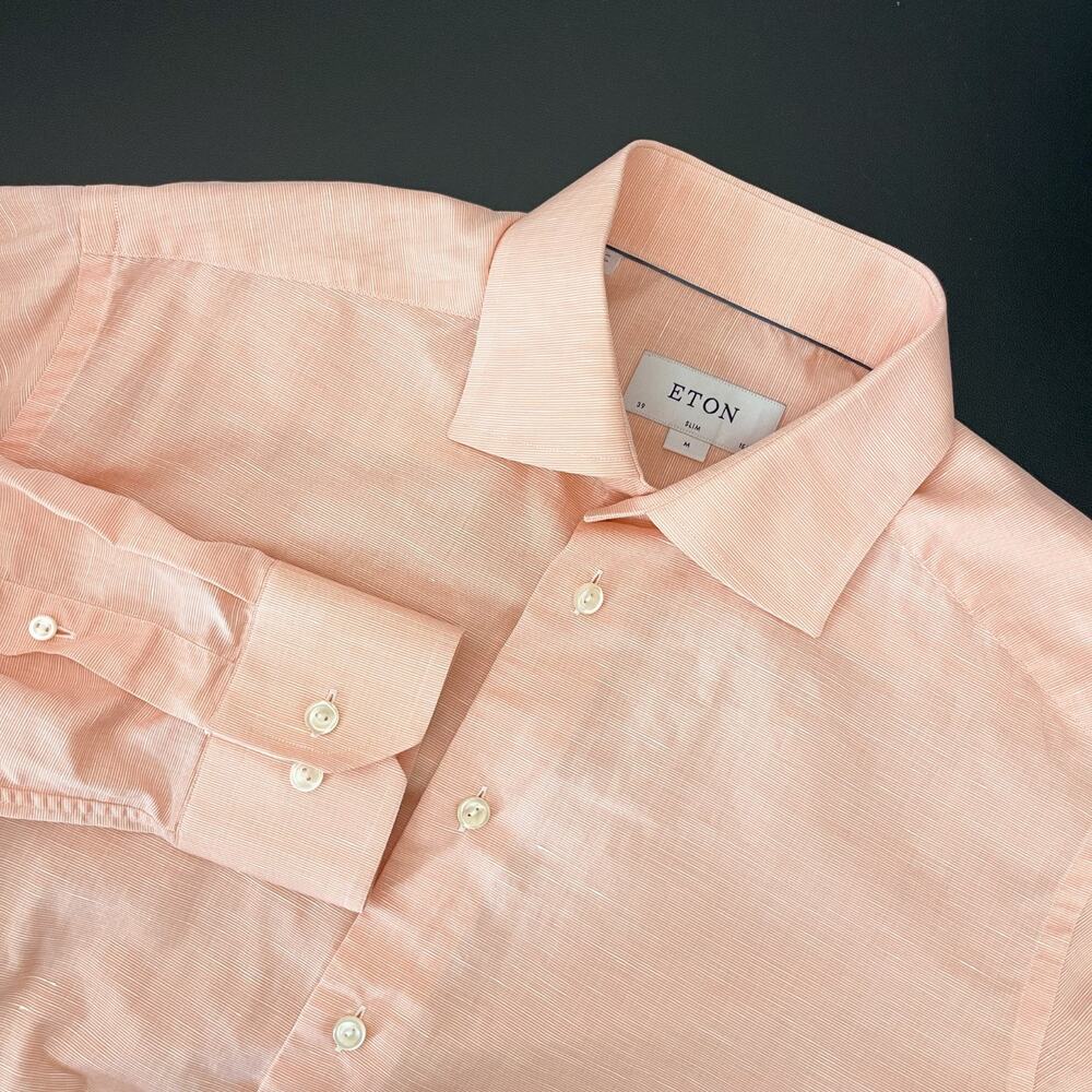 Eton Shirt Mens Medium 15.5 39 Orange Slim Cotton Linen Button Up Long Sleeve